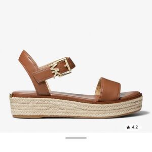 Michael Kors Tan Leather Espadrille Platform Sandal with Gold MK Buckle